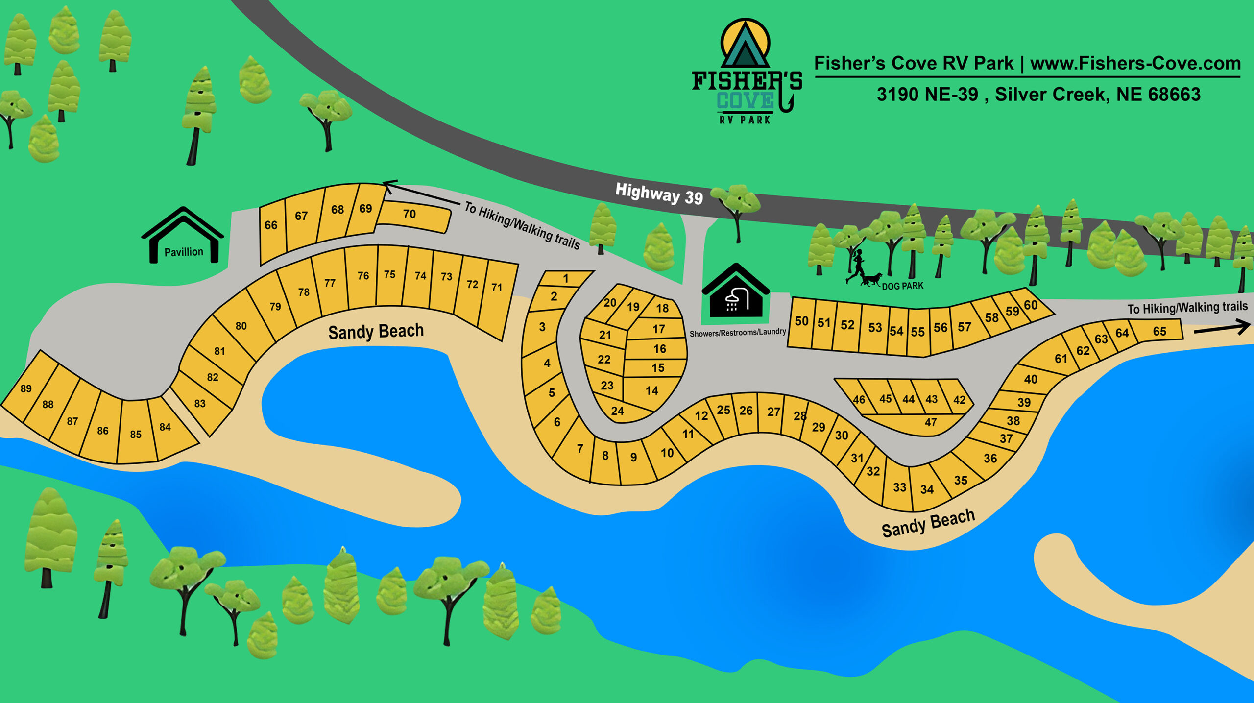 Park Layout copy Fisher’s Cove RV Park site map showing full hook-up RV sites, sandy beach, pavilion, showers, laundry, dog park, and walking trails in Silver Creek NE.